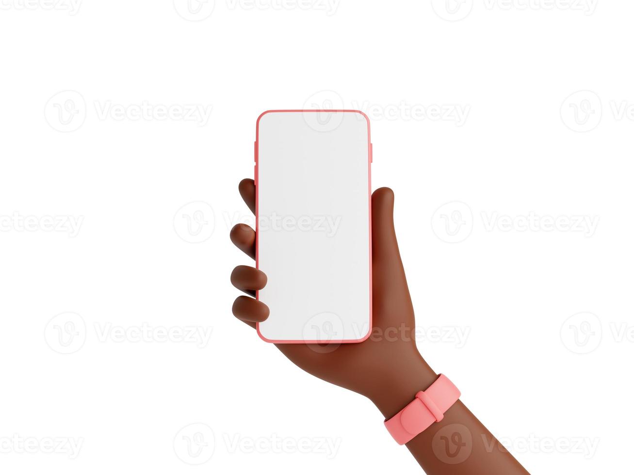 Mobile phone mockup in african american hand 3d render illustration isolated on white background. photo