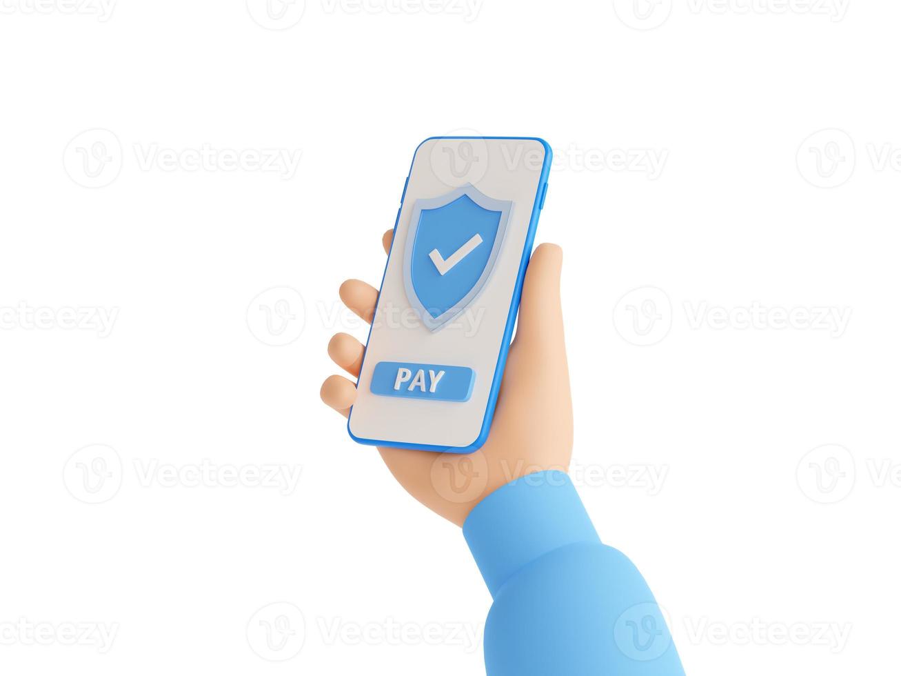 Secure online payment 3d render illustration with hand in blue sweater holding mobile phone with shield and pay button. photo