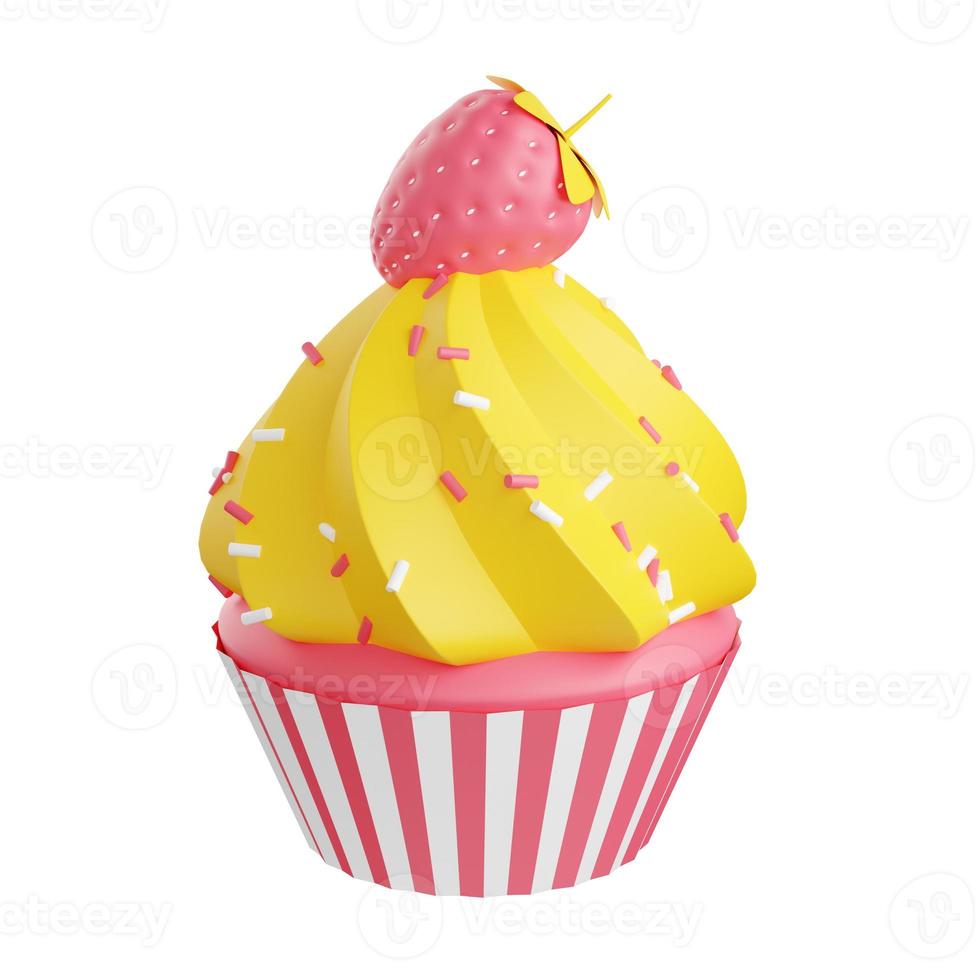 Cupcake with swirl cream decorated with sprinkles and strawberry 3d render illustration. photo