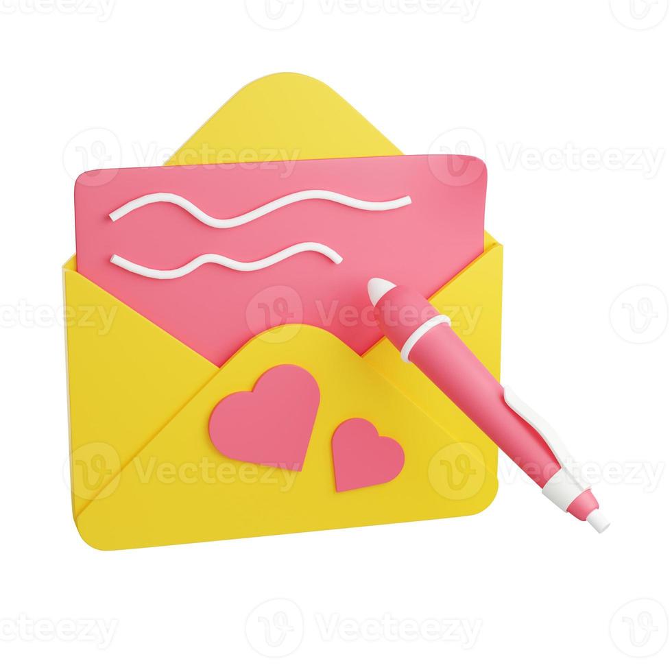 Greeting card with sign in envelope with hearts and pen 3d render illustration. photo