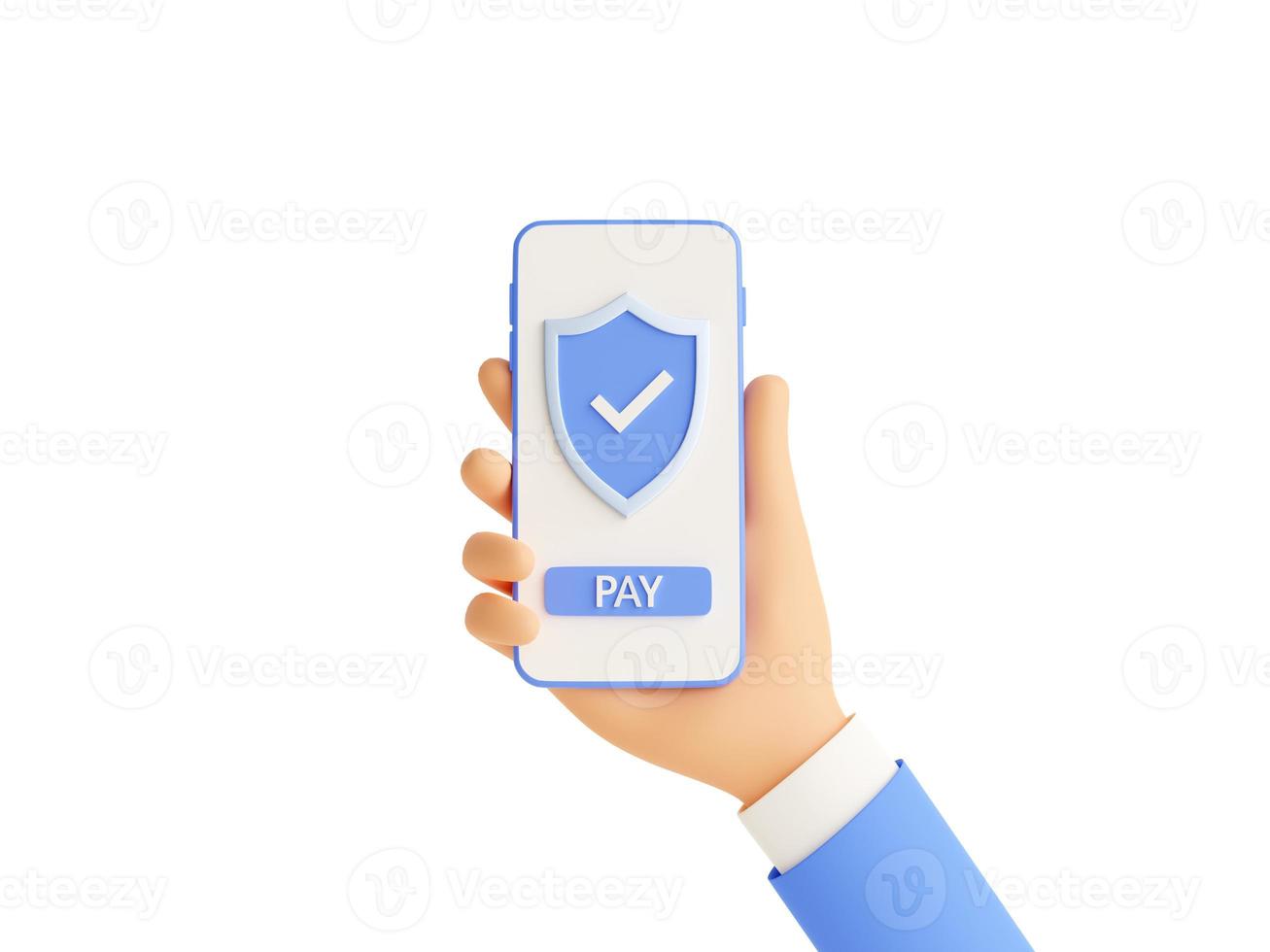 Secure online payment 3d render illustration with human hand holding mobile phone with shield and pay button. photo