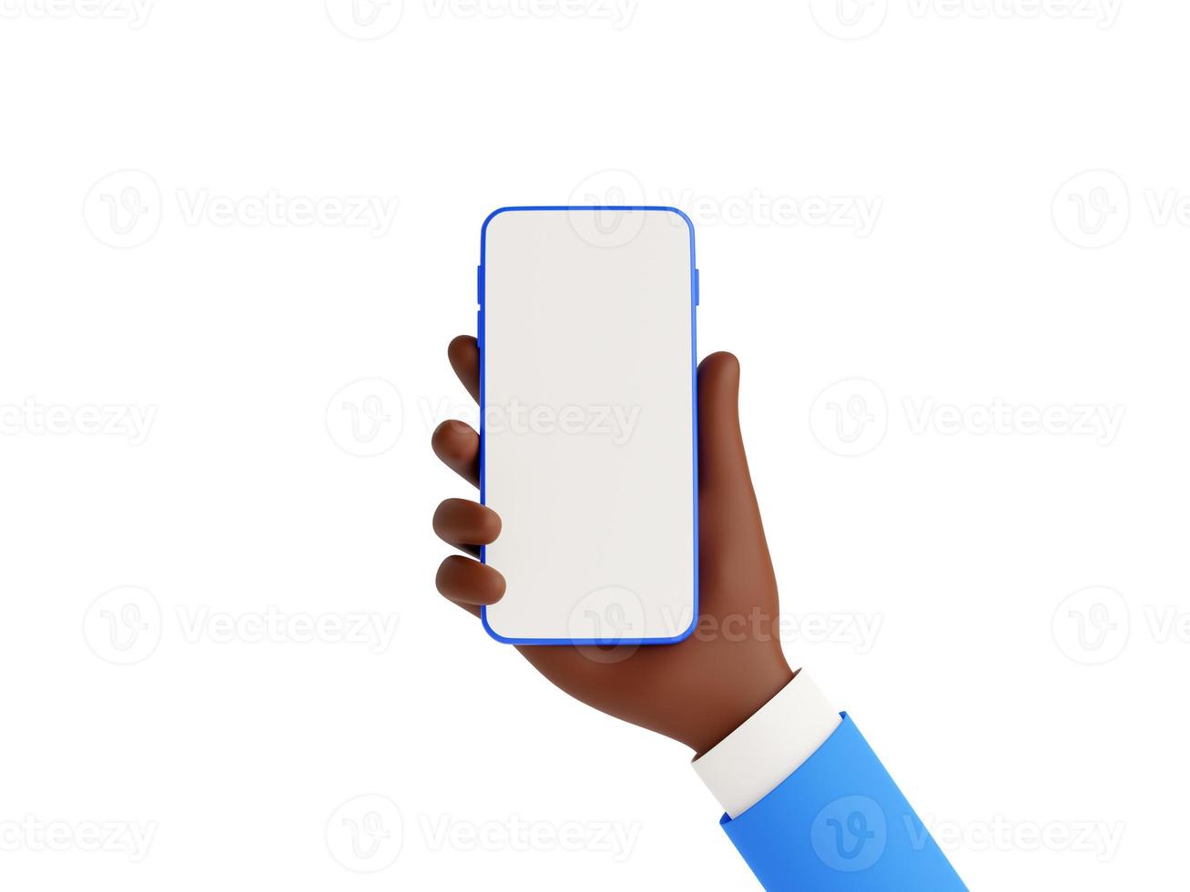 Smartphone mockup in african american hand 3d render illustration on white background. photo