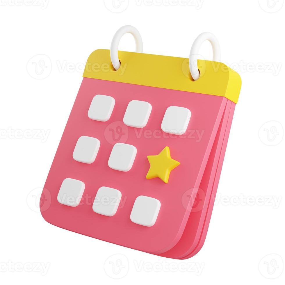 Calendar with marked date 3d render illustration. Pink organizer with noted with star day. photo