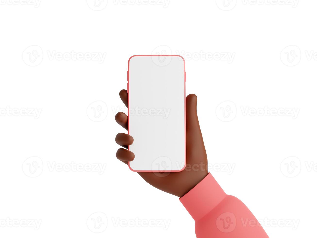 Smartphone mockup in african american hand 3d render illustration isolated on white background. photo