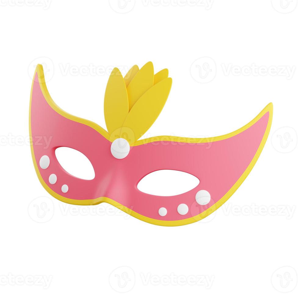 Carnival mask 3d render illustration. Pink face masquerade mask decorated with yellow feathers. photo