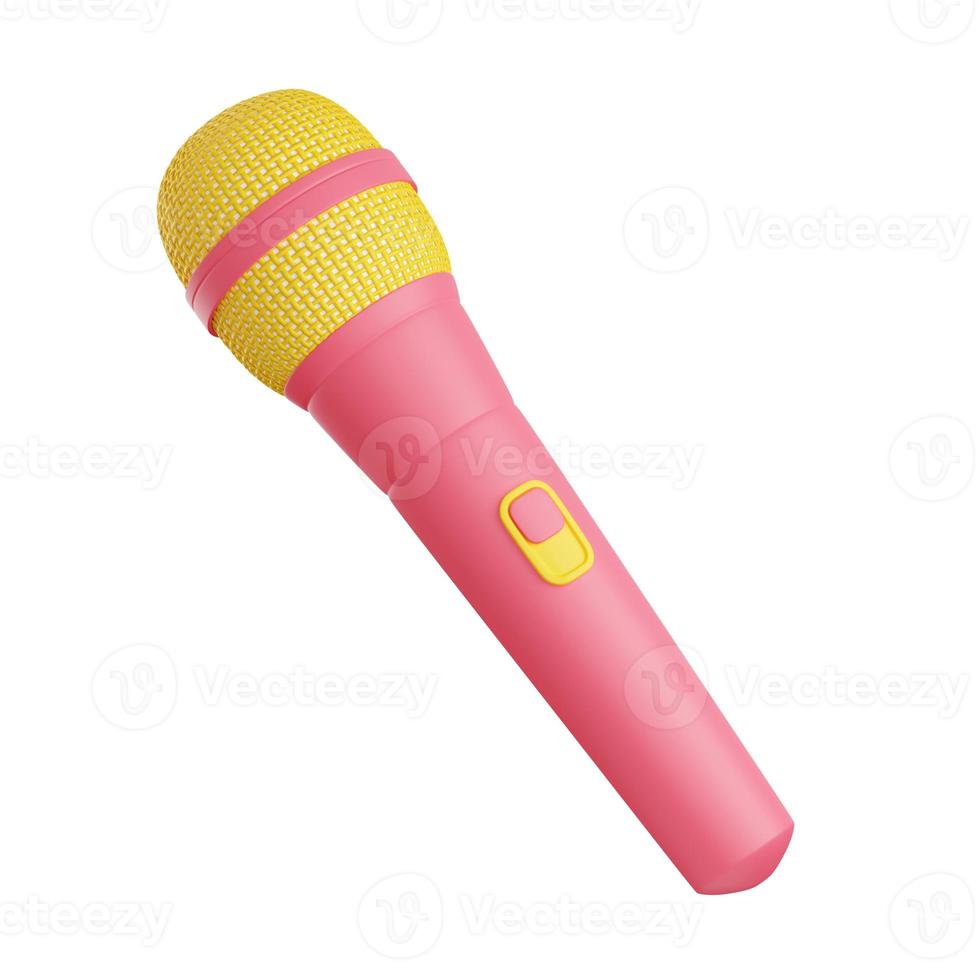 Microphone 3d render illustration. Pink and yellow mic for singing or podcast concept. photo