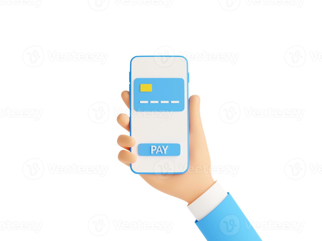 Online payment 3d render illustration. Hand holding mobile phone with credit card and pay button on screen. photo