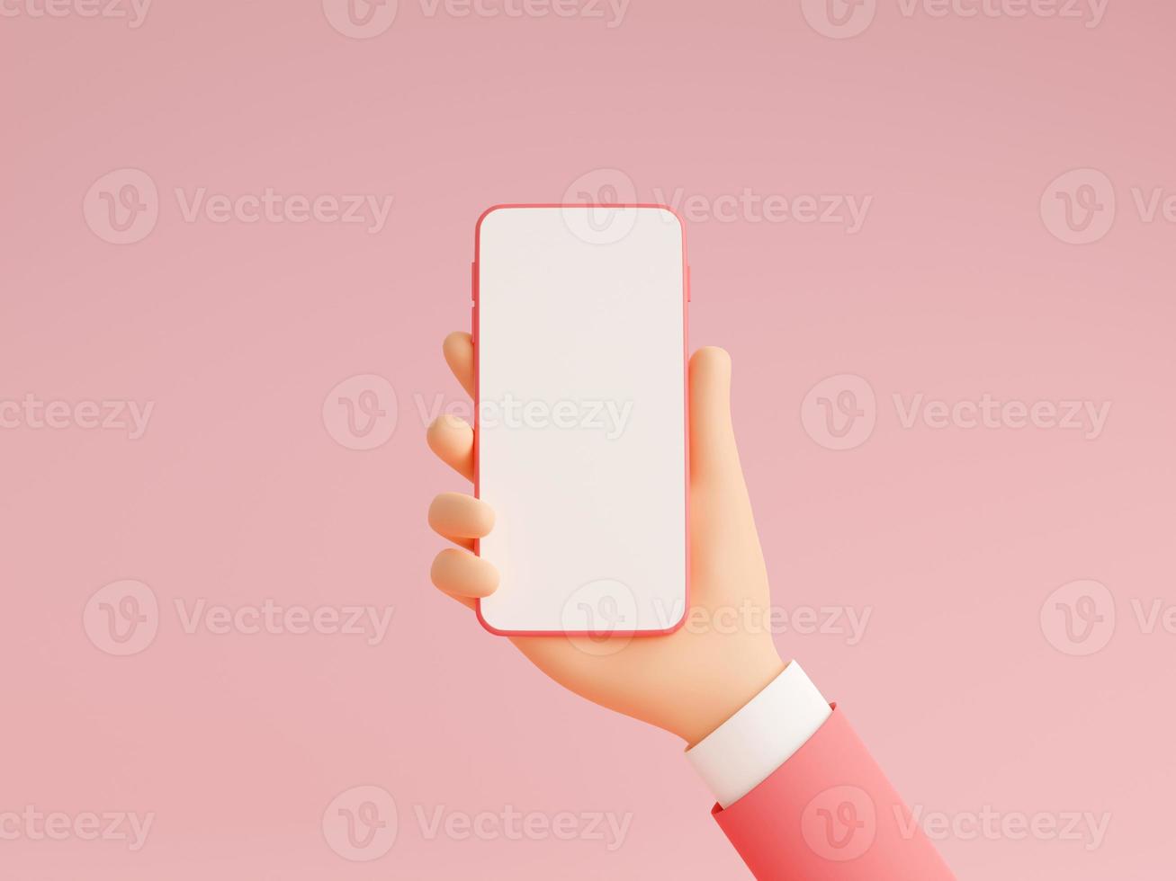 Mobile phone mockup in human hand 3d render illustration on pink background. photo
