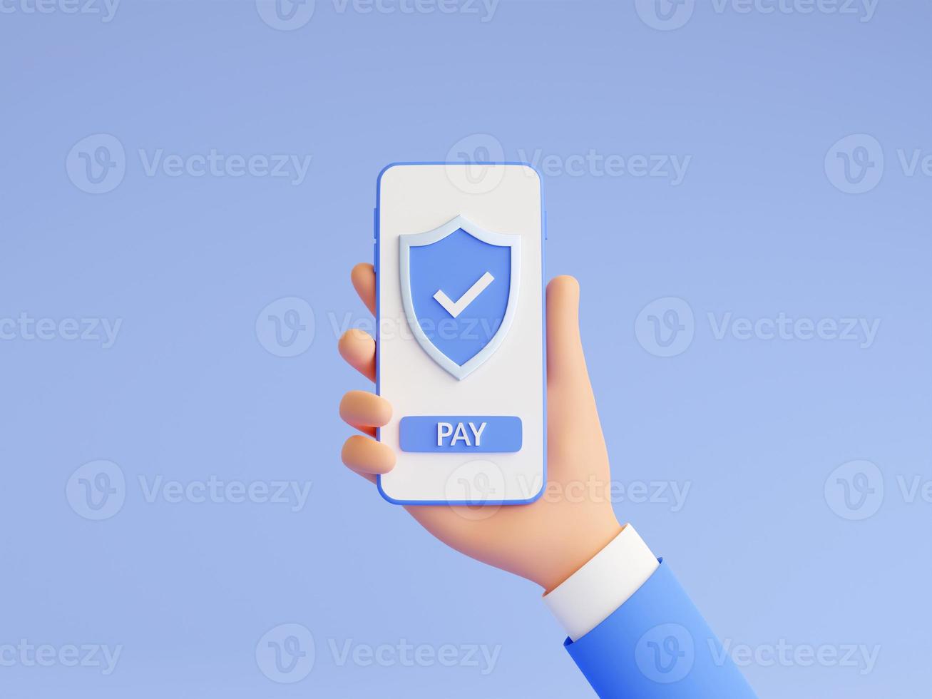 Secure online payment 3d render illustration with human hand holding mobile phone with shield and pay button. photo