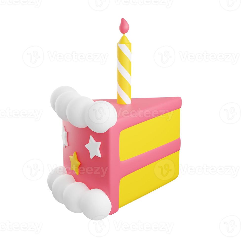 Piece of birthday cake with icing and candle 3d render illustration. photo