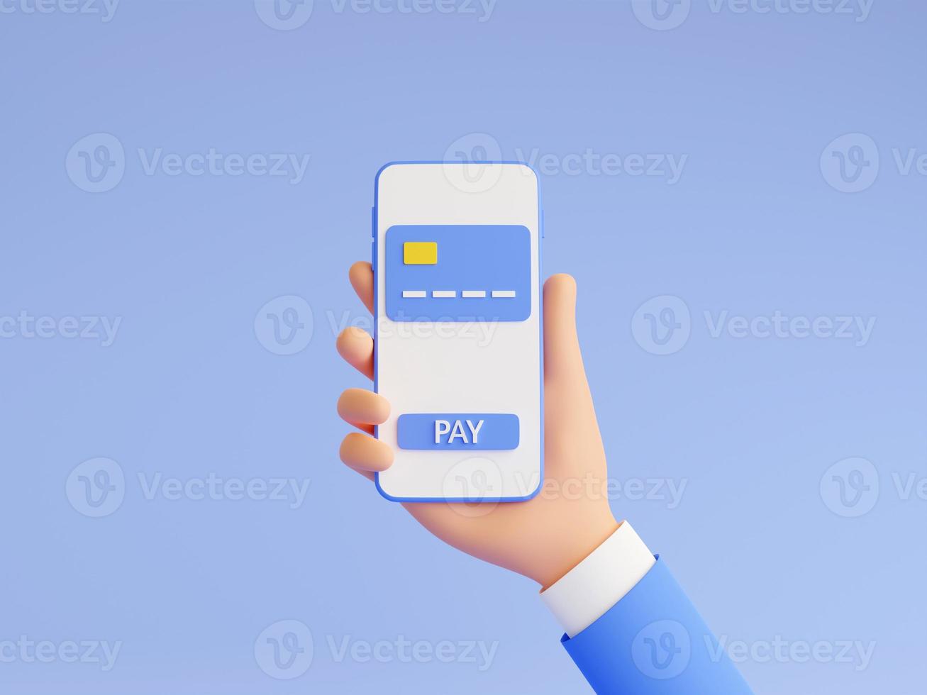 Online payment 3d render illustration with hand holding mobile phone with credit card and pay button. photo