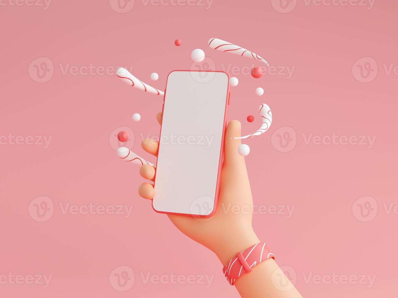 Human hand holding mobile phone with white empty screen 3d render illustration. photo