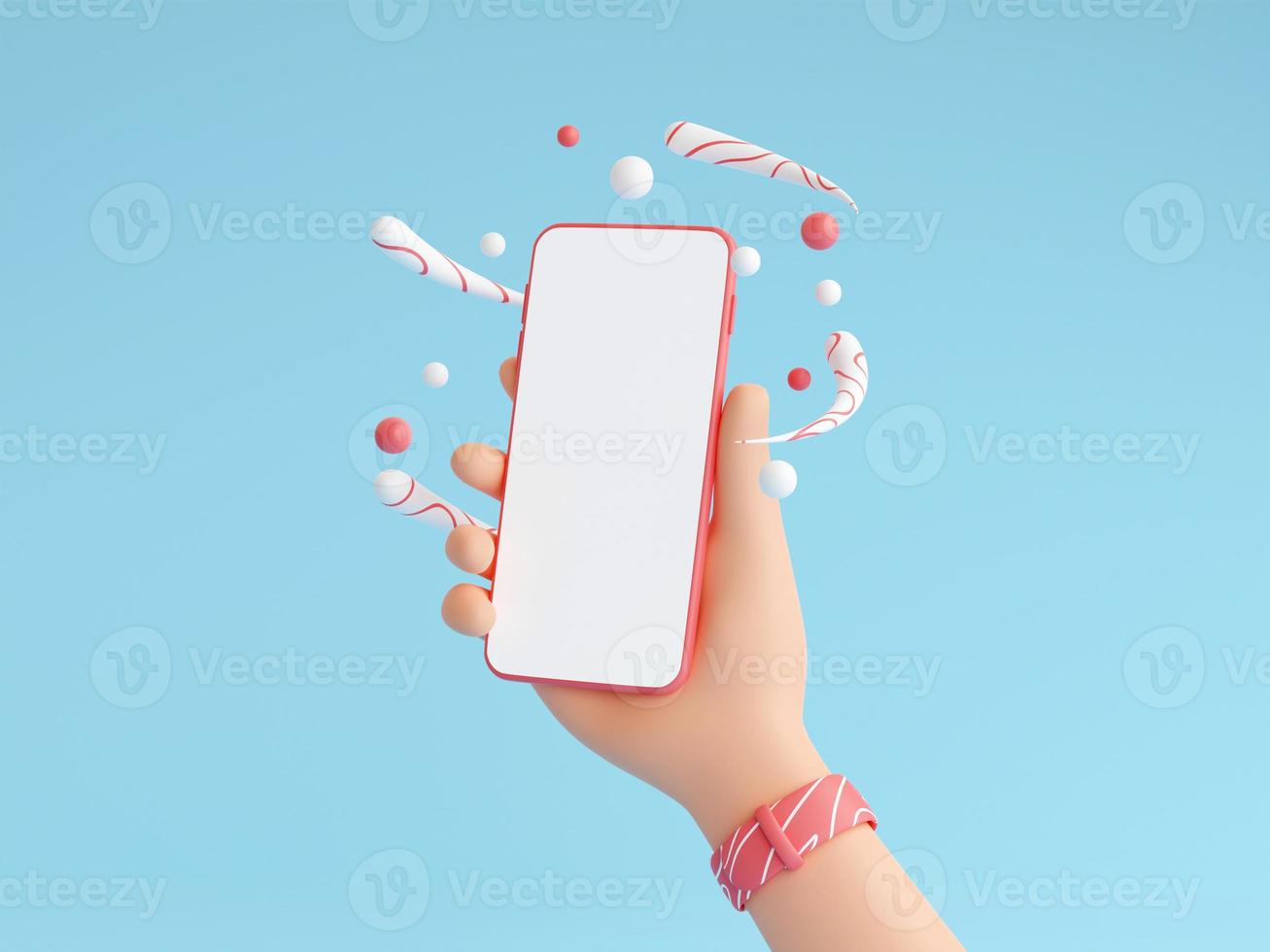 Human hand holding mobile phone with white empty screen 3d render illustration. photo
