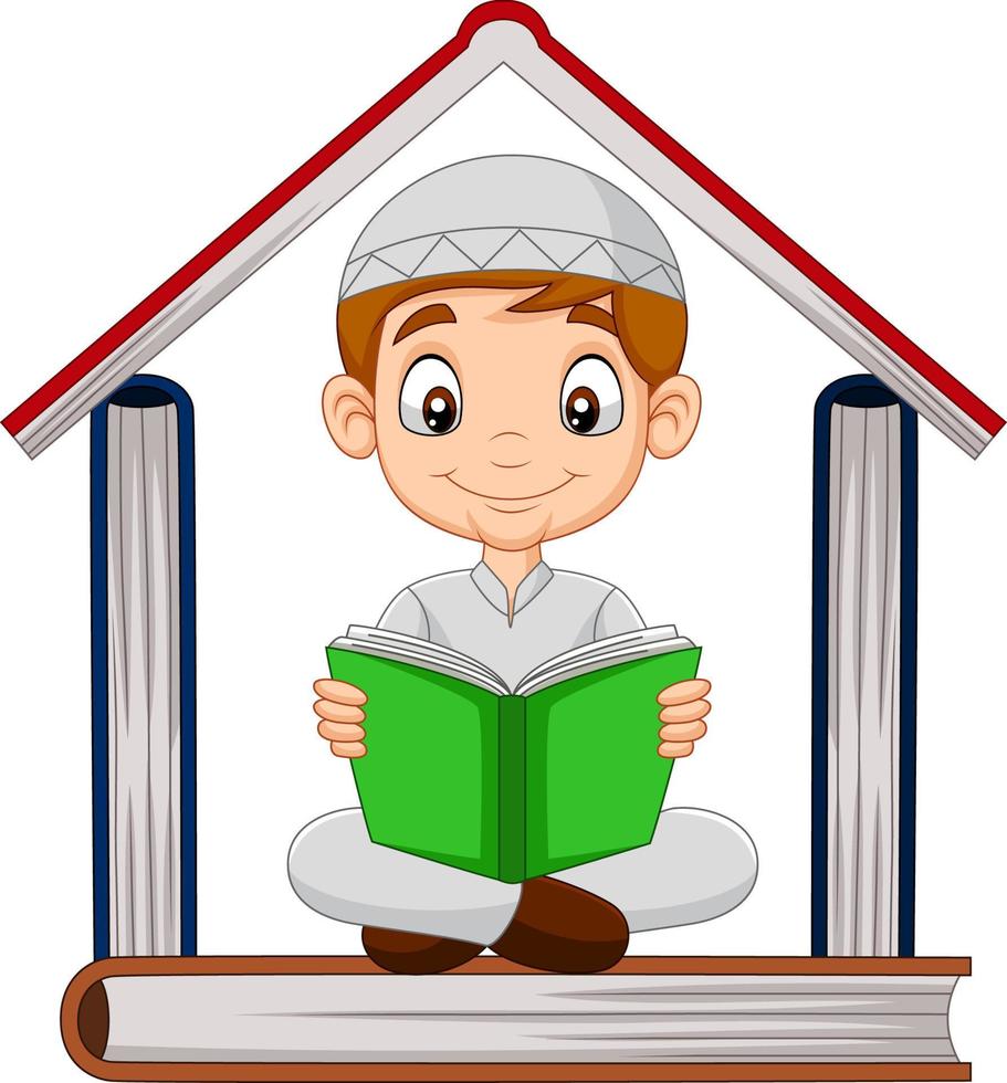 Cartoon Muslim boy reading a book with pile of books forming a house vector