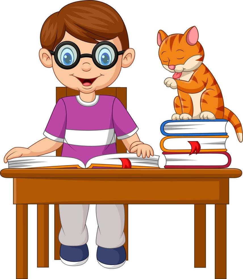 niño de dibujos animados estudiando acompañado de un gato vector