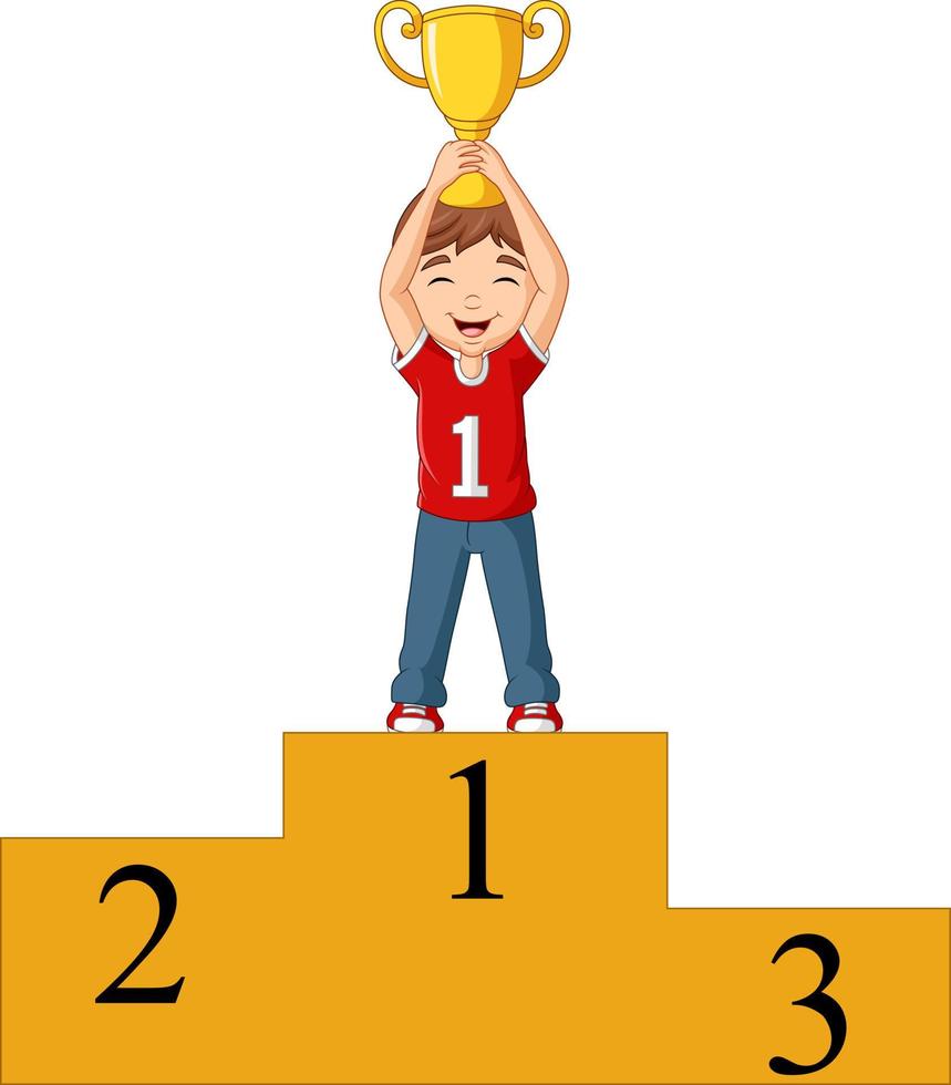 niño de dibujos animados de pie en el podio ganador sosteniendo un trofeo vector
