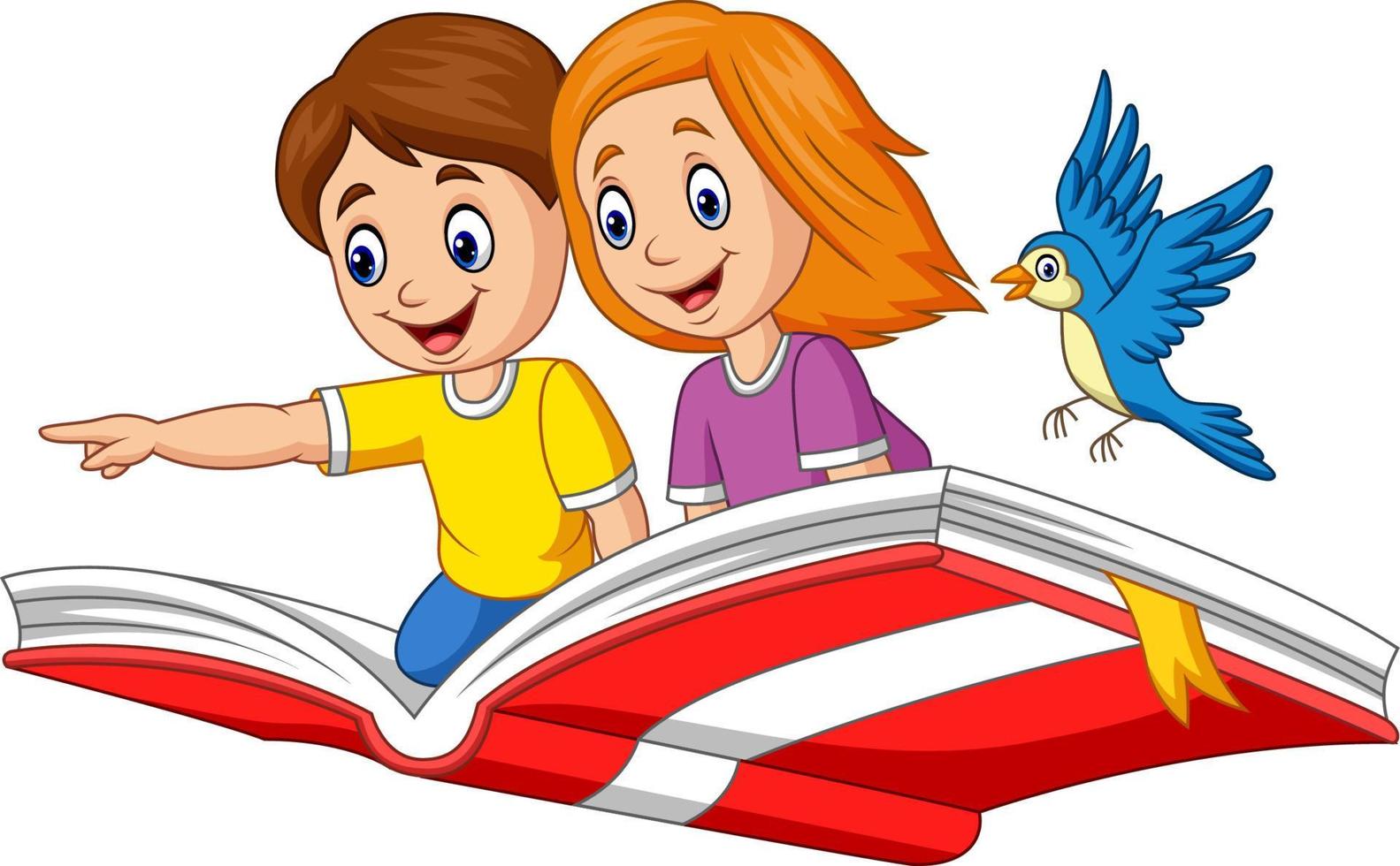 niño y niña volando en un libro vector