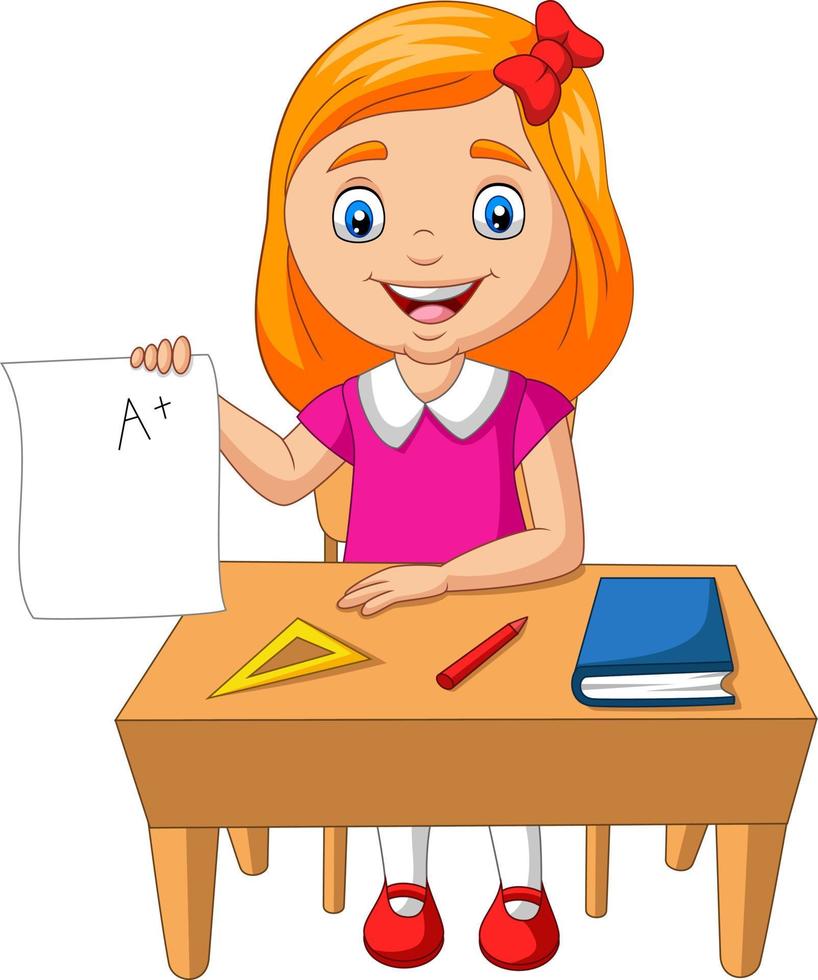 Cartoon little girl holding paper with A plus grade vector