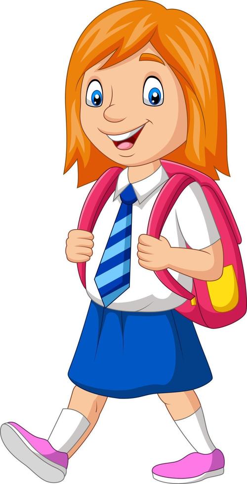 Cartoon happy school girl in uniform carrying backpack vector