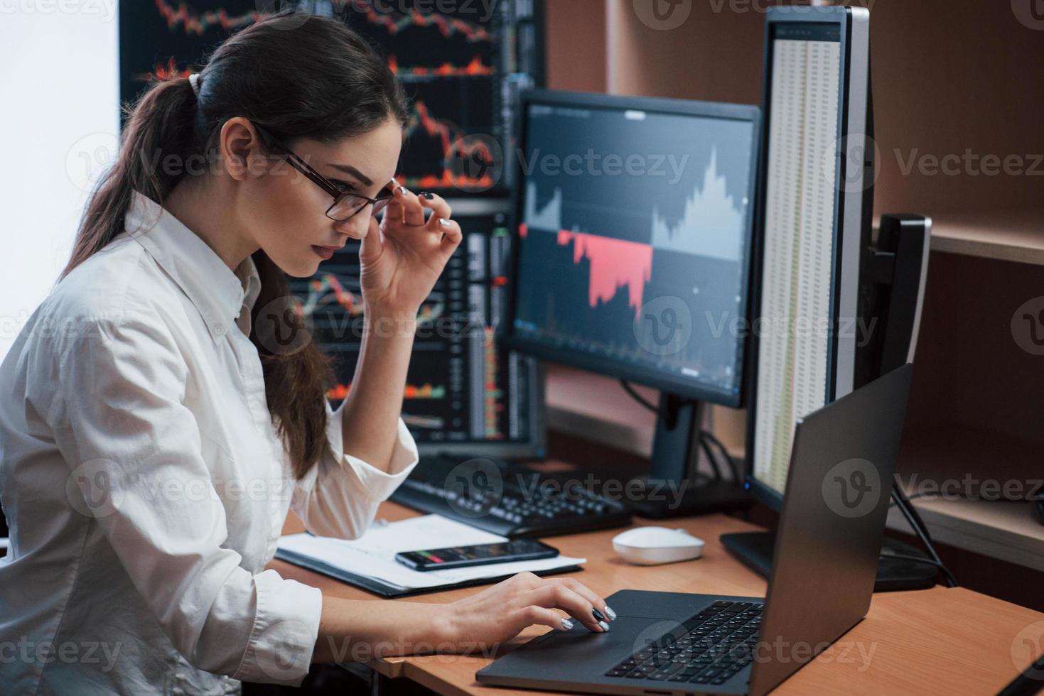 Touching the glasses. Woman working online in the office with multiple computer screens in index charts photo