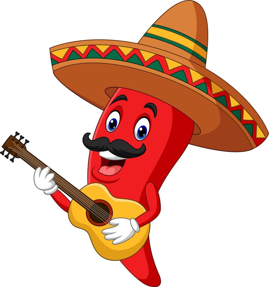 dibujos animados feliz sombrero chili pepper tocando una guitarra vector