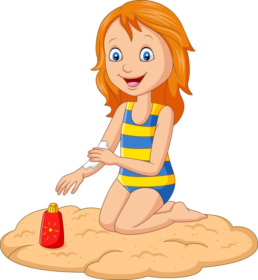Little Girl in a swimsuit applying sunblock lotion on her arm vector