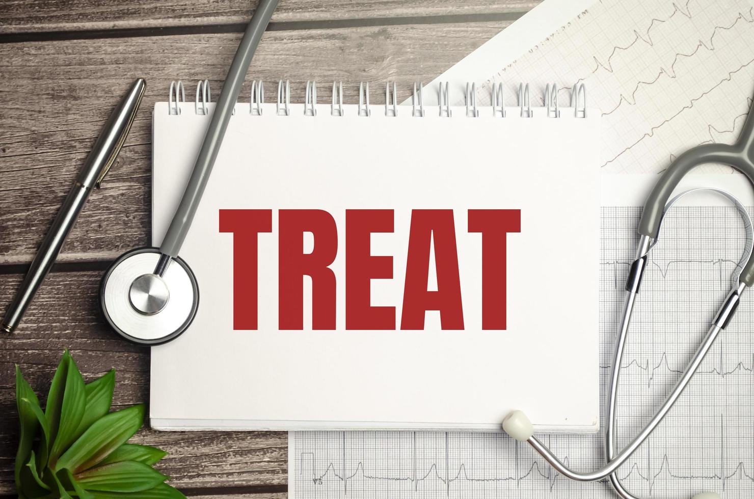 On a light wooden table there is a stethoscope, a pen and a sheet of paper with the text TREATMENT photo