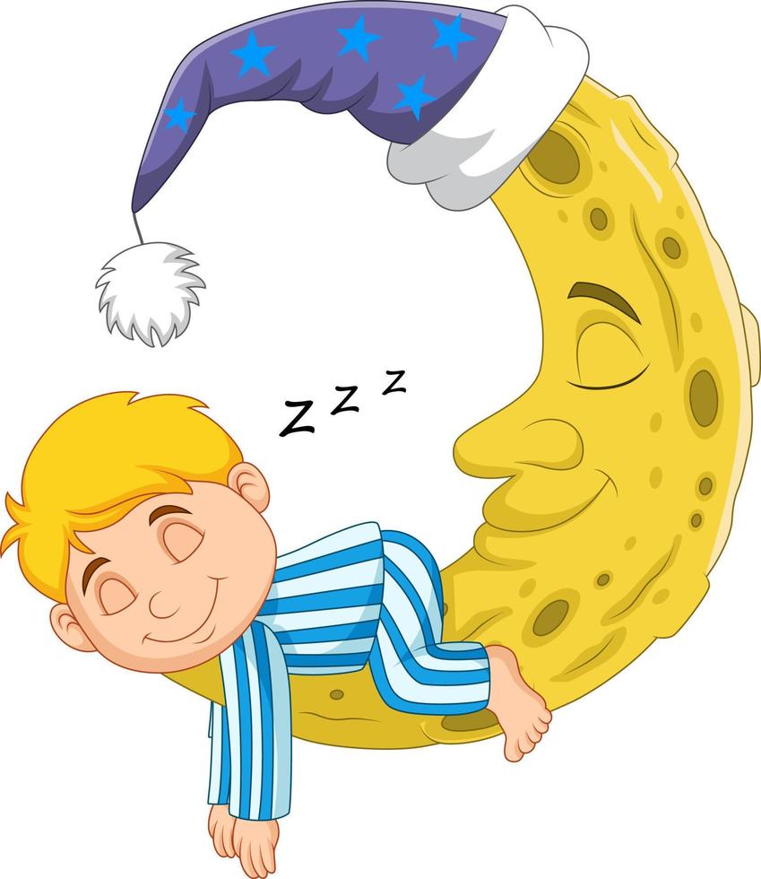 niño de dibujos animados durmiendo en la luna vector