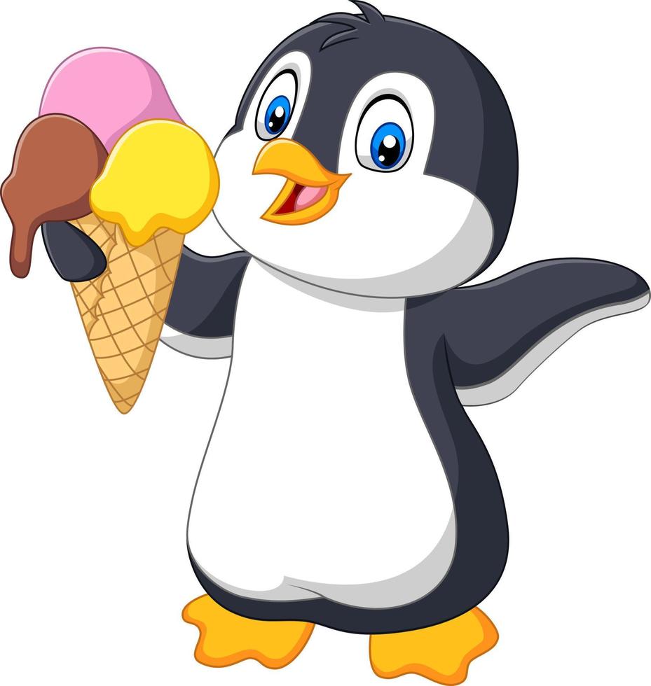 pingüino de dibujos animados sostiene un cono de helado con tres bolas de helado vector