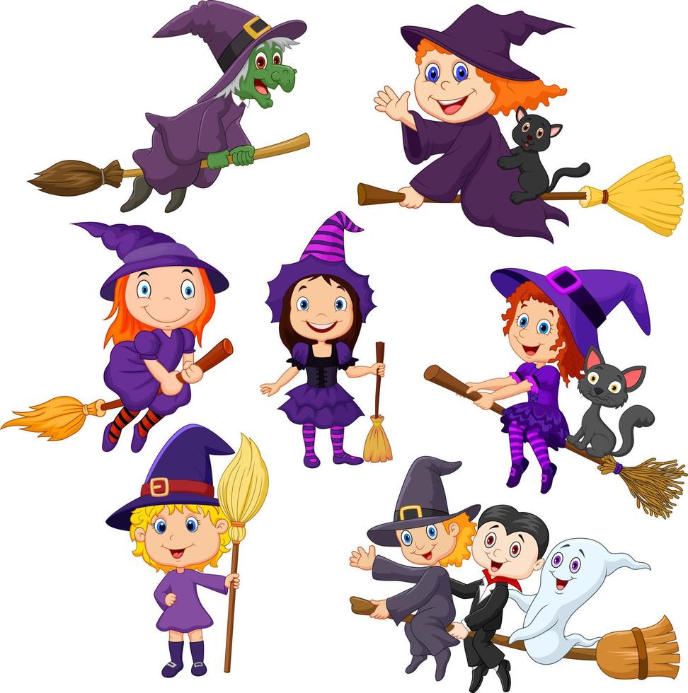 conjunto de colección de brujas jóvenes de halloween vector