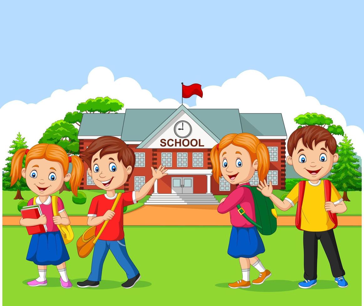 Happy school children in front of the school vector