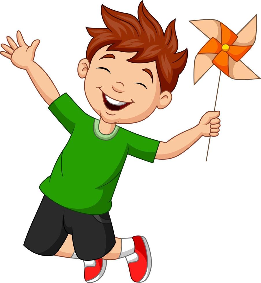 Little boy jumping with a paper windmill vector