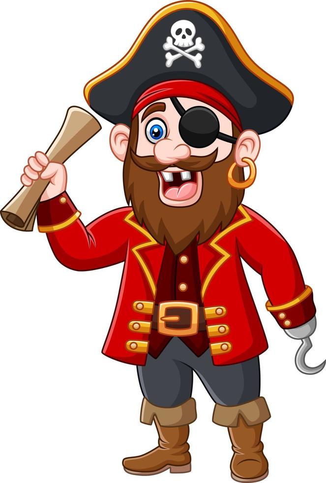capitán pirata de dibujos animados sosteniendo un mapa del tesoro vector