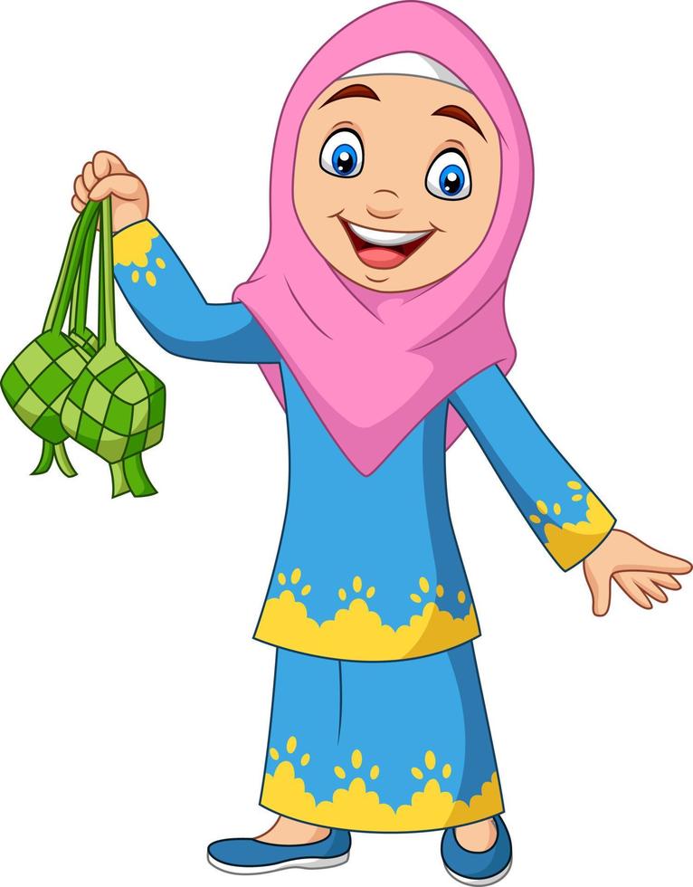 Cute muslim girl holding a ketupat vector