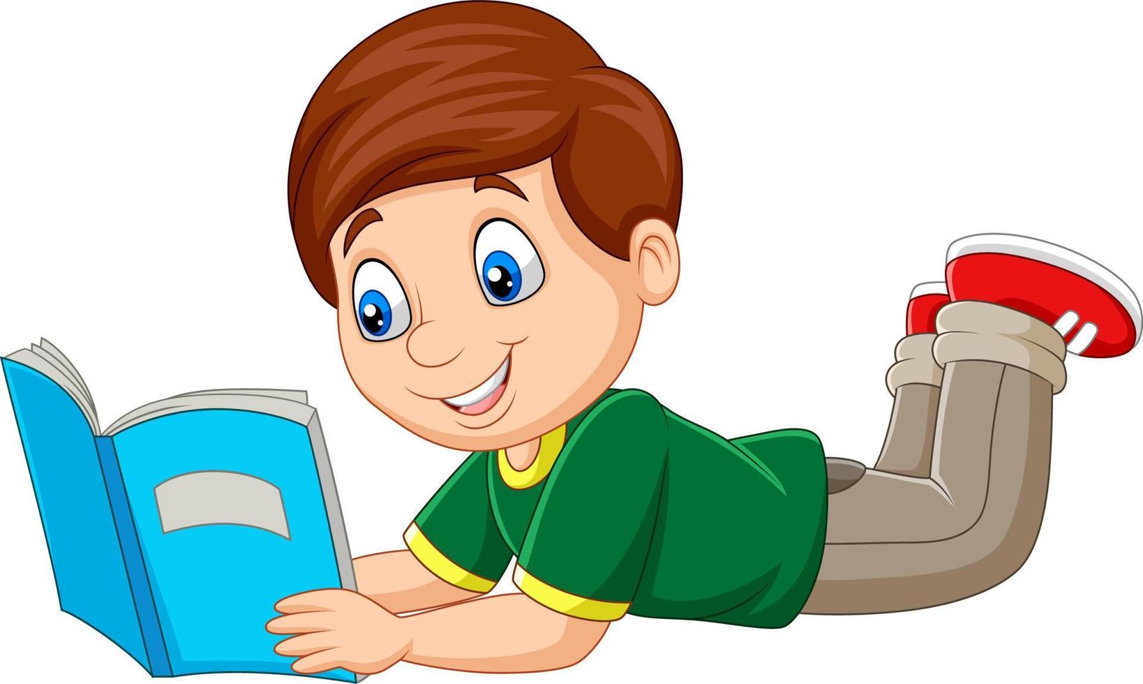 Happy little boy laying and reading a book vector