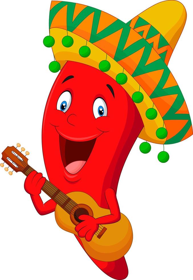 personaje de dibujos animados de ají rojo con sombrero mexicano tocando una guitarra vector