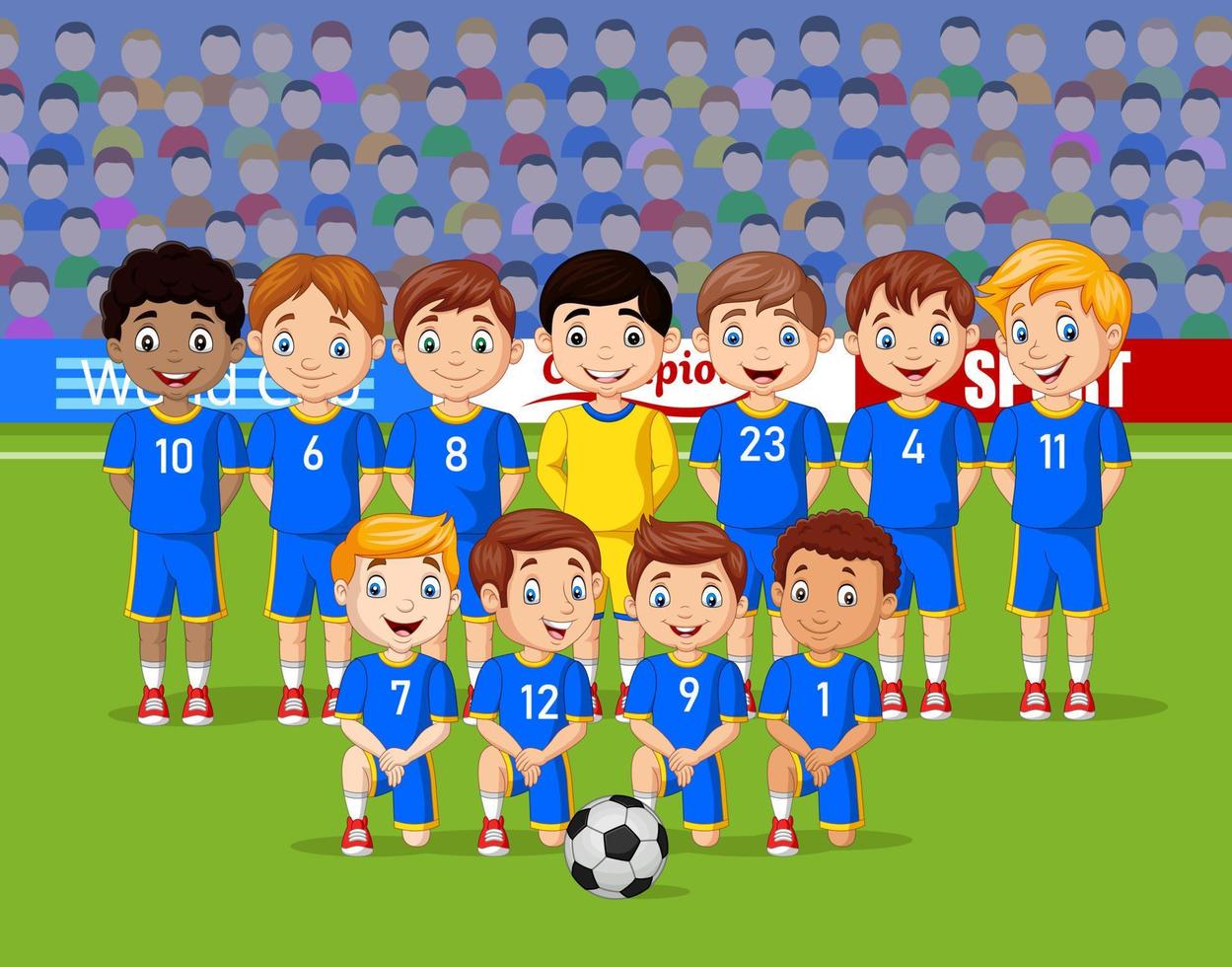 Cartoon soccer kids team at a stadium vector