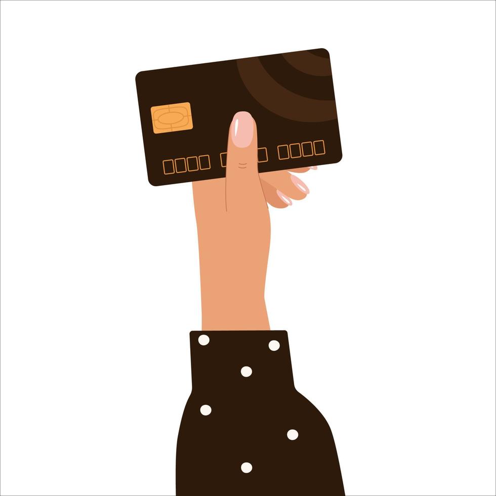 Plastic credit card in a woman's hand. Brown color with a gold chip. Vector illustration of cashless payment.