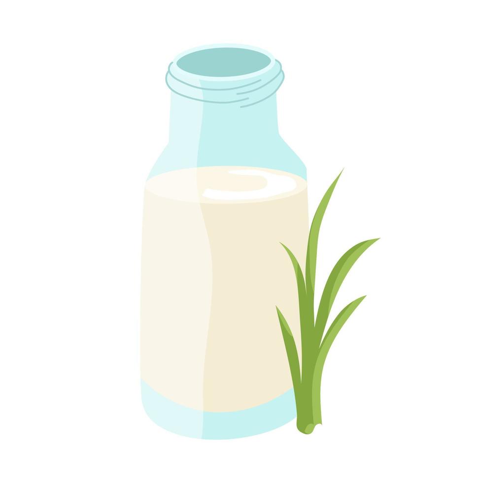 Glass jar with milk and a bush of green grass. Vector isolated illustration for design or decoration.