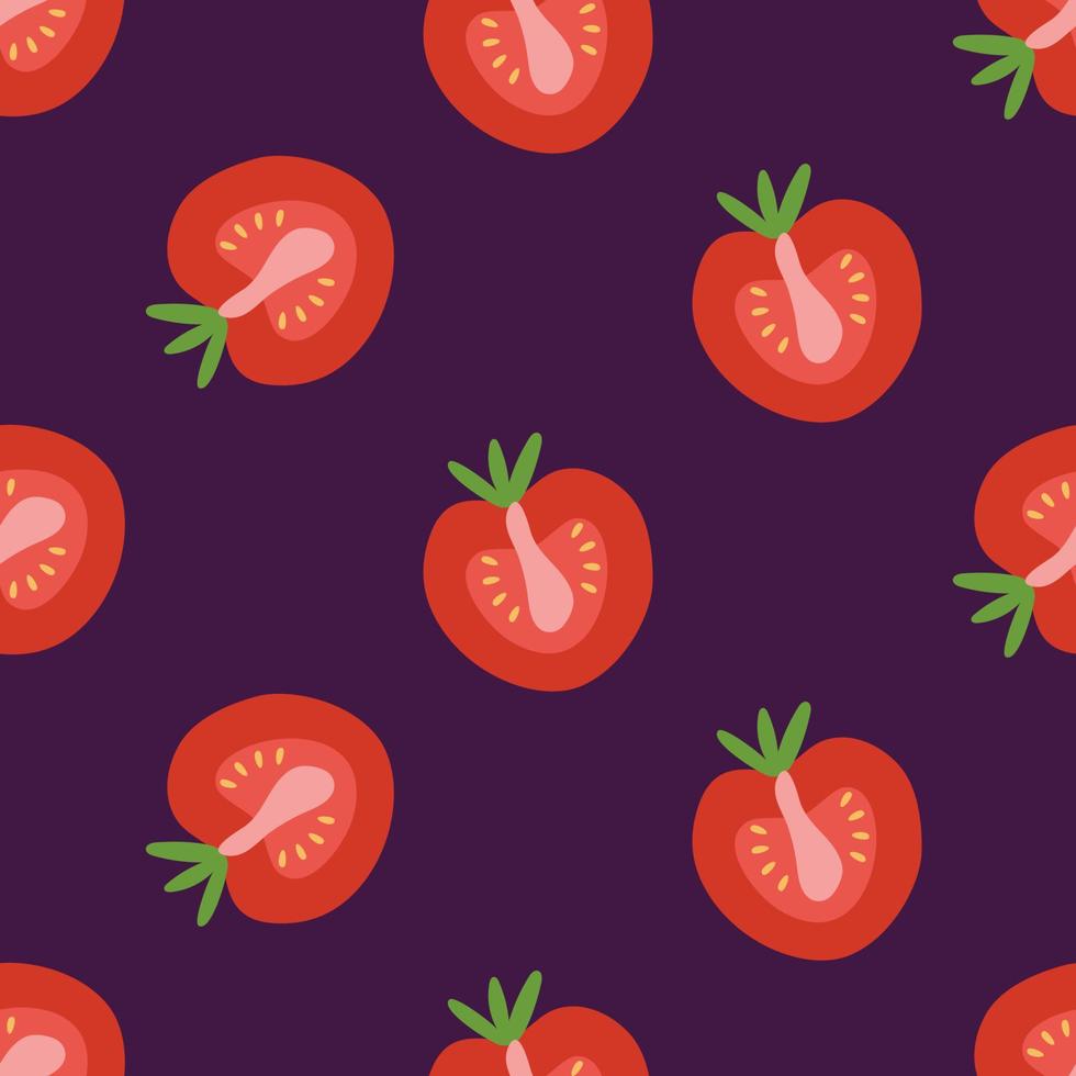 patrón impecable con mitades de tomate maduras sobre un fondo morado. ilustración vectorial botánica para imprimir en ropa, textiles, papel, tela, embalaje. vector