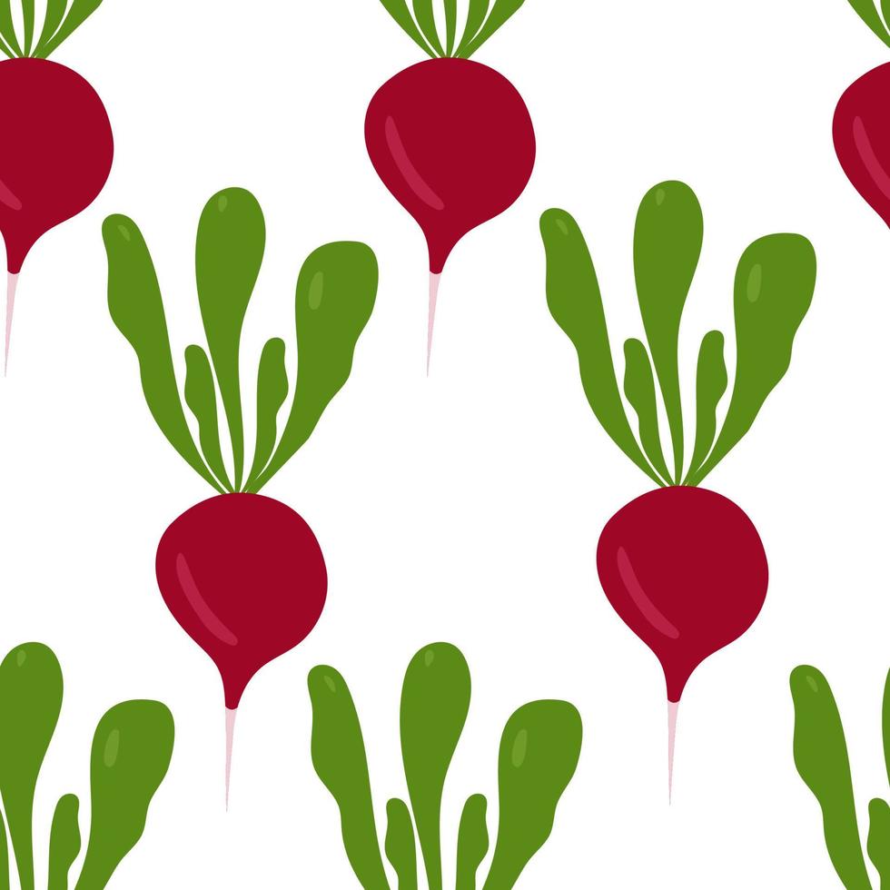 Seamless pattern with vegetables, radishes on a white background. Vector illustration for printing on clothing, textiles, paper, fabric, packaging.