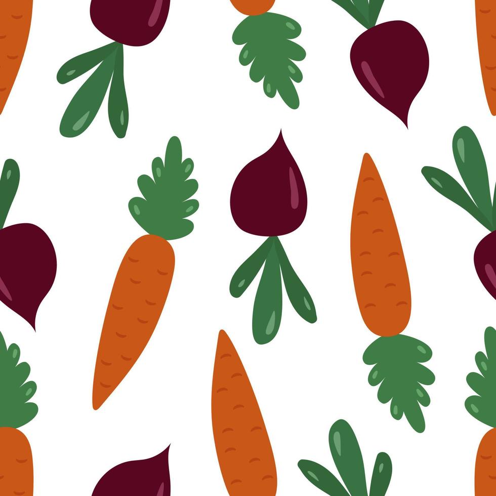 patrón impecable con verduras, zanahorias y remolachas sobre un fondo blanco. ilustración vectorial botánica para imprimir en ropa, textiles, papel, tela, embalaje. vector