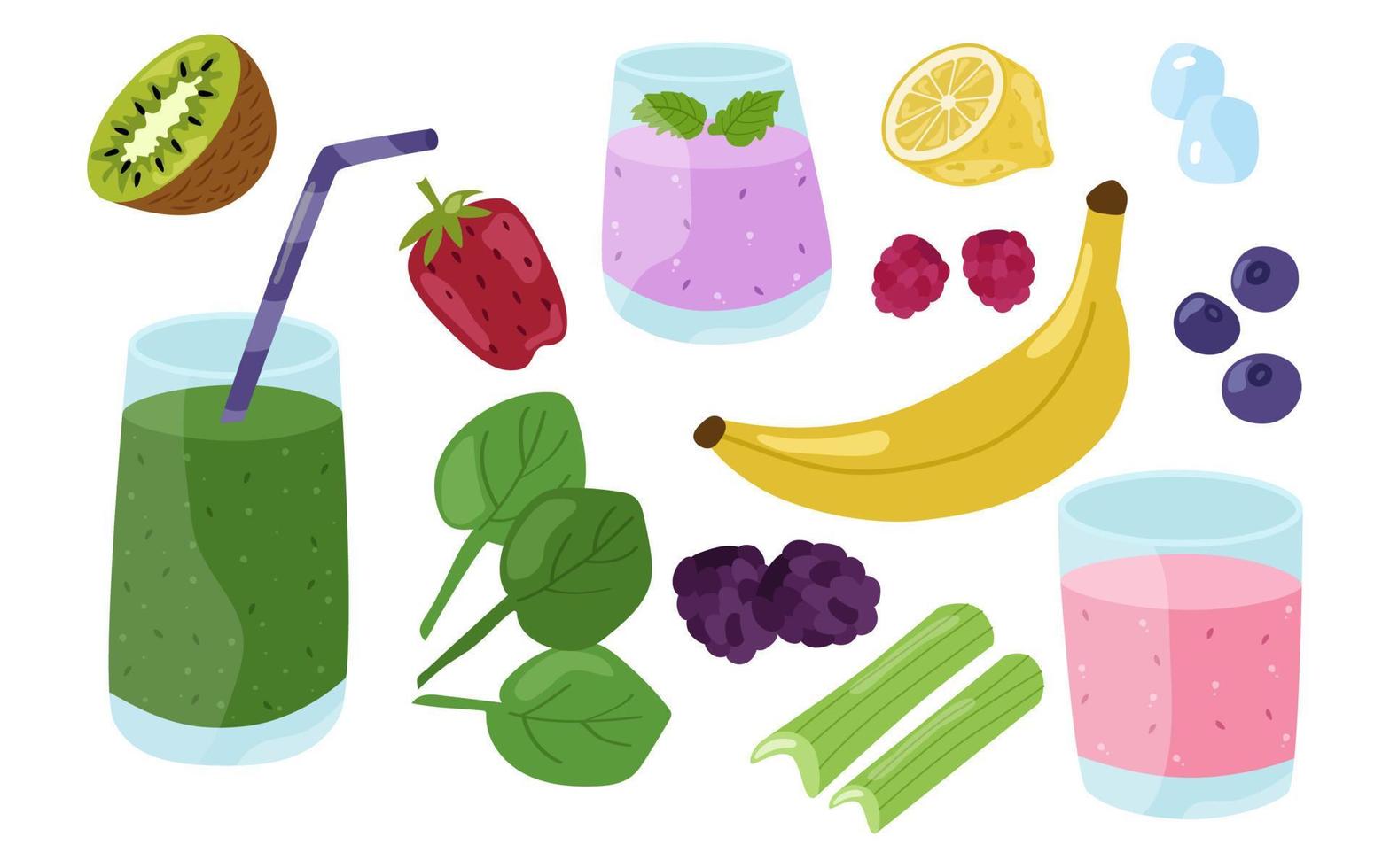 Smoothies, fruits, berries and herbs, a bright colorful summer set. Vector illustration of healthy drinks, strawberries, spinach, blackberries, raspberries, lemon, lime, celery, ice, blueberries.