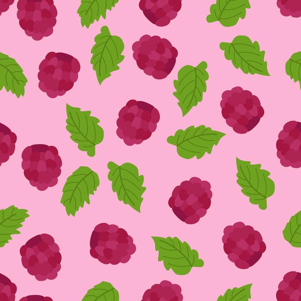 Seamless pattern with large raspberries and mint leaves on a pink background. Botanical vector illustration for printing on clothing, textiles, paper, fabric, packaging.