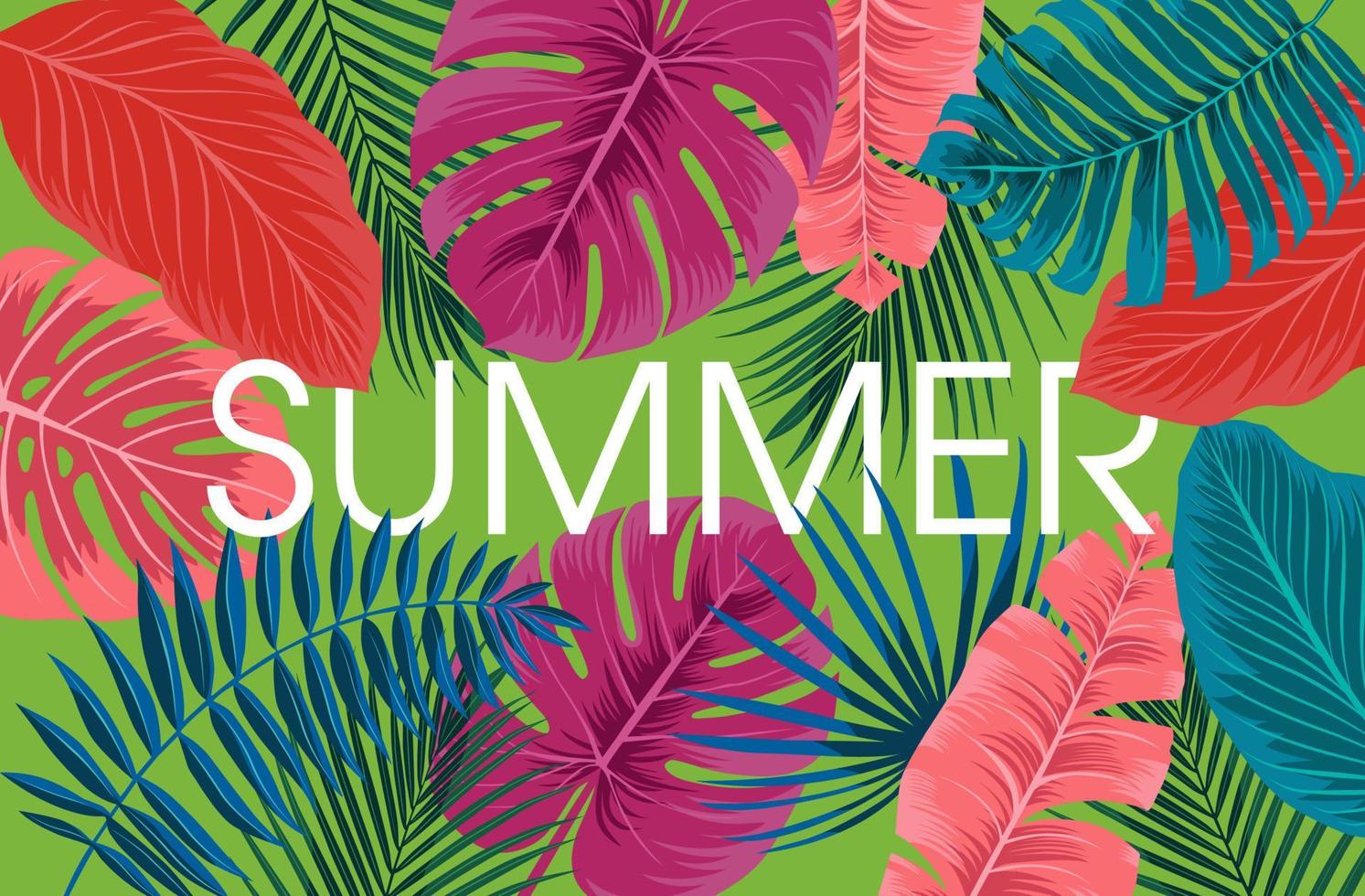 Bright tropical background with jungle plants. Vector exotic pattern with palm leaves with the inscription summer.