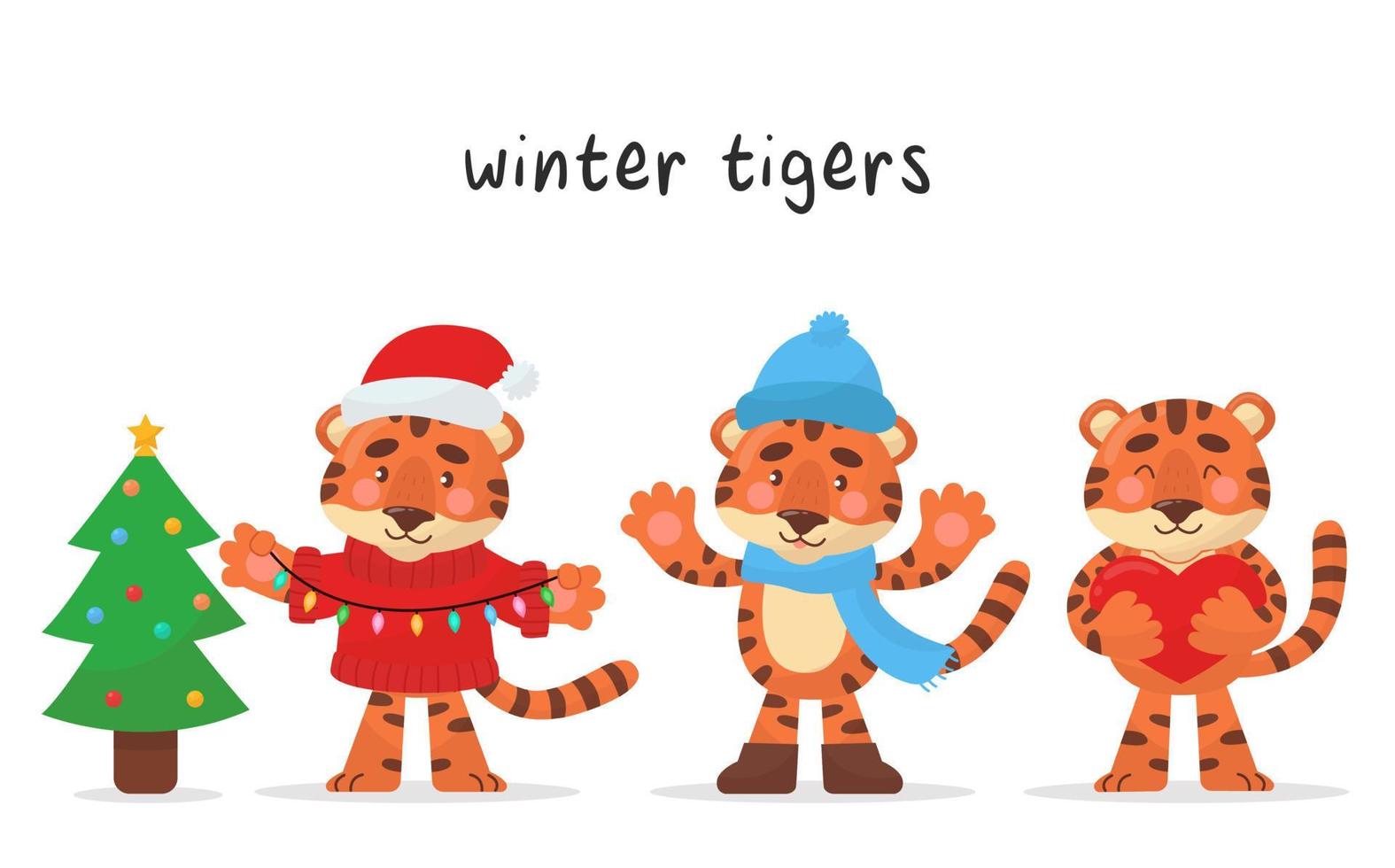 conjunto de tres lindos personajes de tigre. carácter para cada mes de invierno. estilo de dibujos animados de vectores. las ilustraciones son adecuadas para productos infantiles, pegatinas, pancartas y carteles. vector