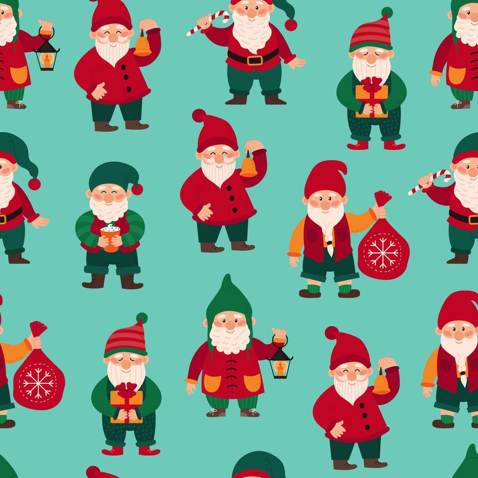 Seamless pattern with christmas little gnomes, dwarfs, elves. Endless repeatable backdrop with fairy tale characters. Childish flat vector illustration.