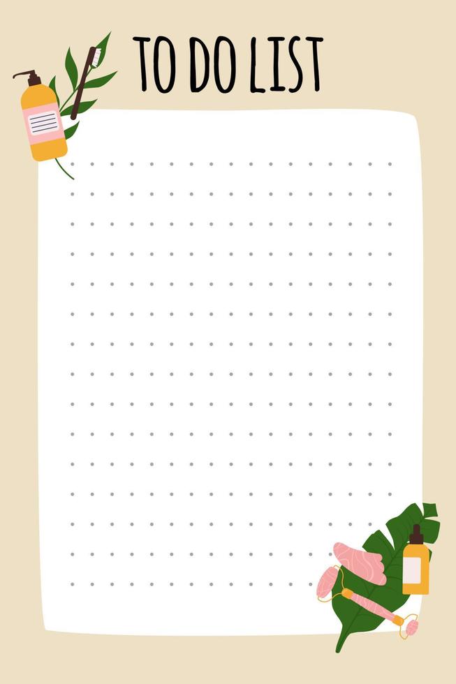 Self Care to do list with daily beauty treatments. Trendy minimalist planner in pastel colors. Flat illustrations of cosmetics. vector