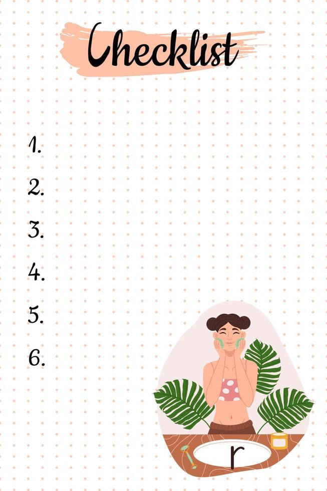 Self Care checklist with daily beauty treatments. Trendy minimalist planner in pastel colors  with  modern vector flat illustration of girl. Morning everyday routine.