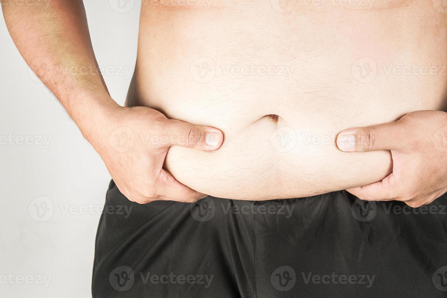 Overweight man body with hands touching belly fat photo